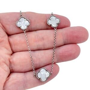 Estate Sterling Silver 925 Mother of Pearl Clover Station Necklace 36"